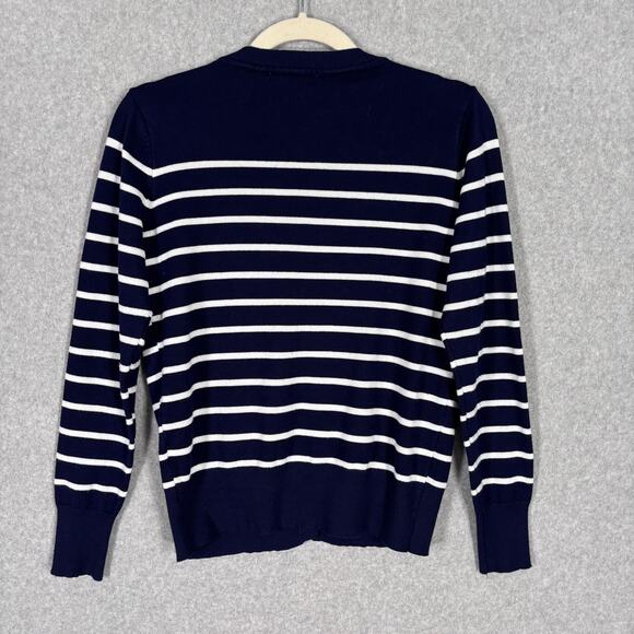 Cardigan Sweater Small Navy Striped Button Thin Sailor Basic Capsule Church - Picture 7 of 9